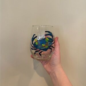 Hand-Painted Blue Crab Stemless Wine Glass - Coastal Home Art